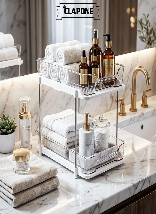 CLAPONE Bathroom Organizer Clear Under Sink Organizers Vanity Countertop Storage Container Cabinet Drawers Pull-Out Organization with Track for Pantry Kitchen (2 Tier) - Image 5